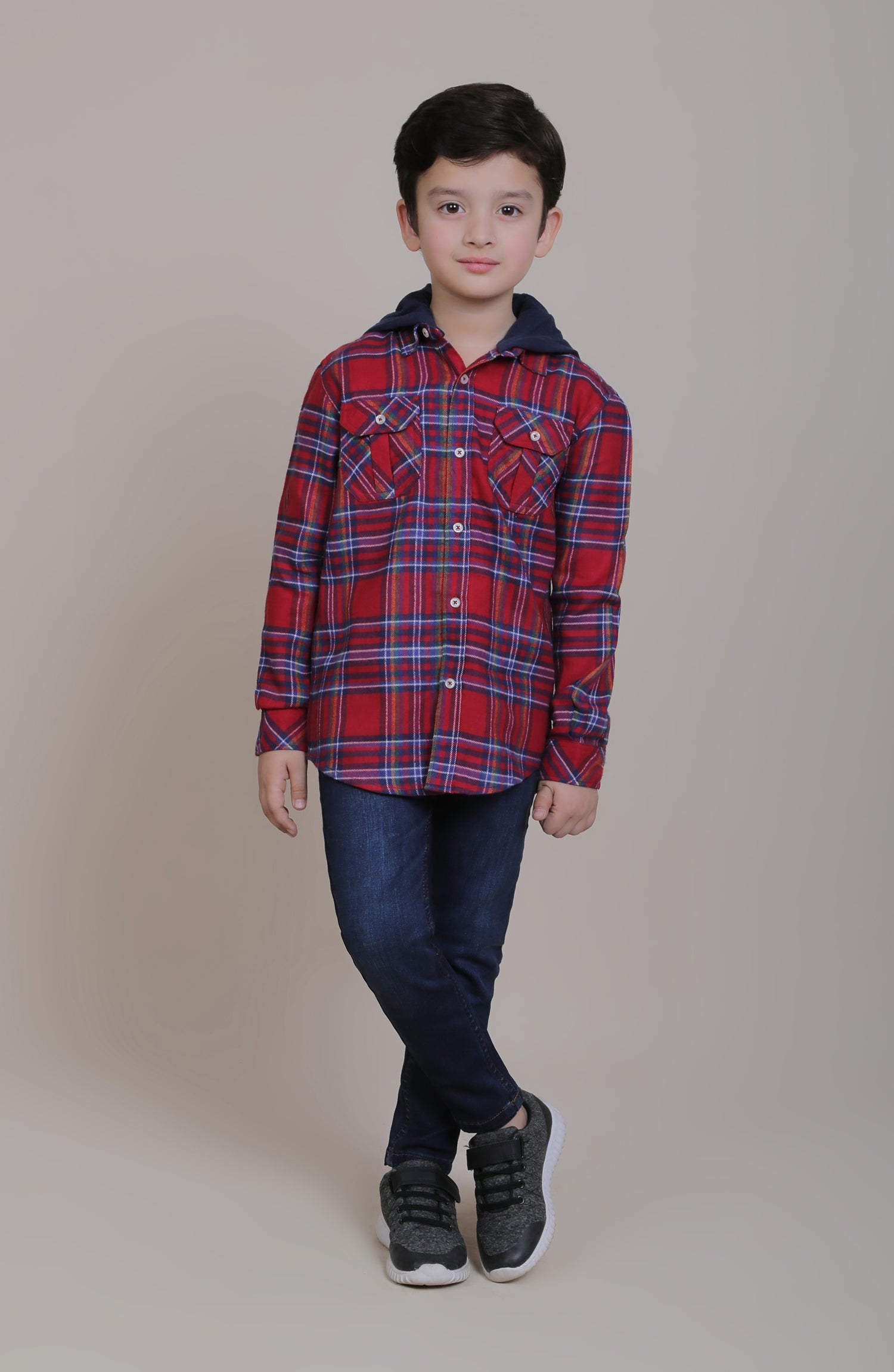 BWF619420 HOODED CHECKED FLANNEL SHIRT RED BLUE